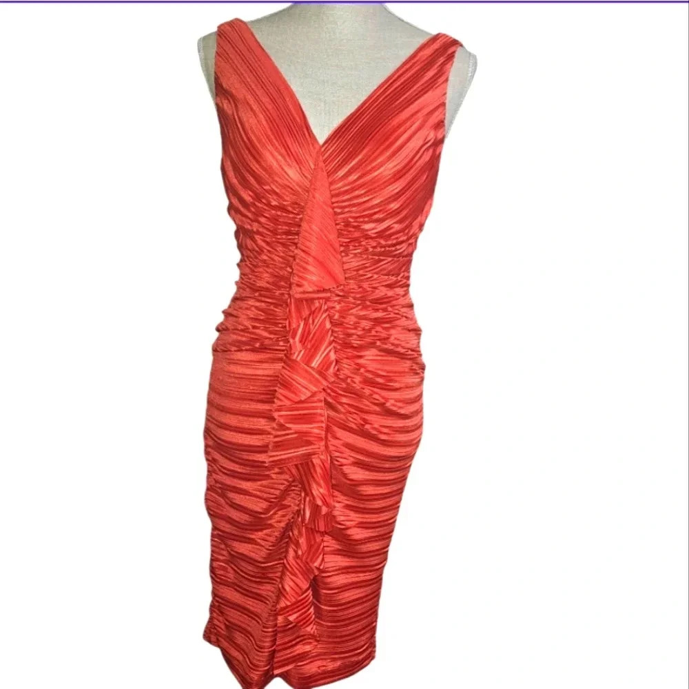 Suzy chin ruched orange ruffle sleeveless satin dress Size 2 maggie boutique